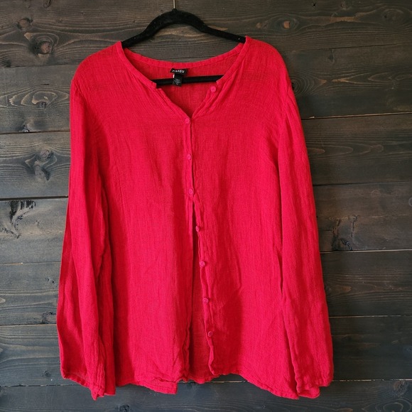 Eileen Fisher 100% Linen Top Red Womens XL Semi Sheer Minimalist Mandarin Button - Picture 12 of 12